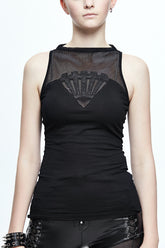 Black Leather Embroidered Gear Cotton Womens Punk T-Shirt